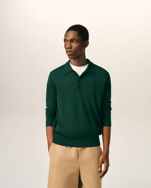 AMI Green Wool Polo With Ami De Coeur for men