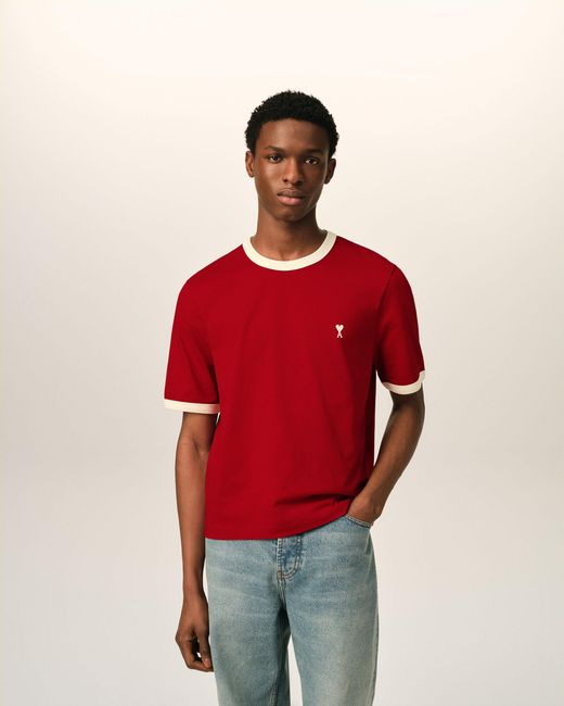 AMI Red Contrasted Cotton T-Shirt With Ami De Coeur for men