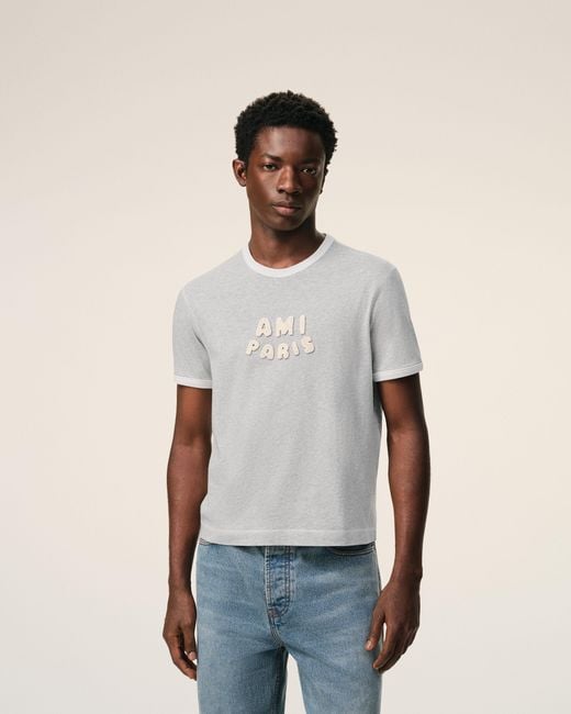 AMI Gray Cotton Knitted Patch T-Shirt