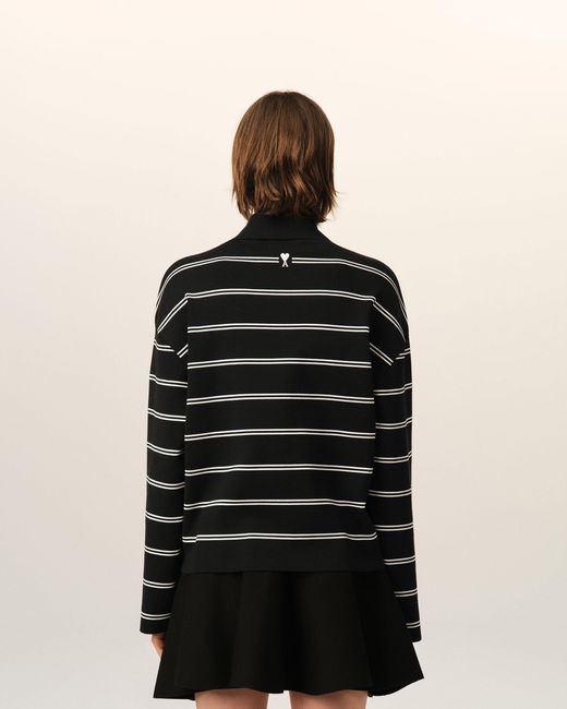 AMI Black Cotton Ami Patch Striped Polo