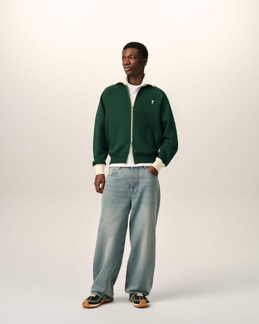 AMI Green Zipped Cotton Sweatshirt With Ami De Coeur