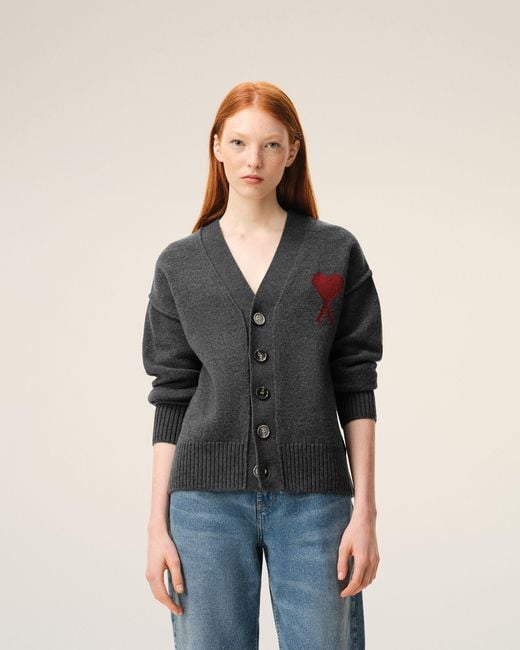 AMI Black Wool Cardigan With Contrasted Ami De Coeur