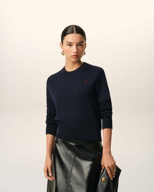 AMI Blue Classic Crew Neck Sweater With Embroidered Heart Detail