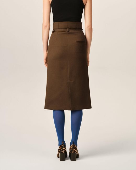 AMI Natural Pencil Belted Wool Skirt