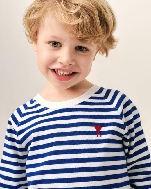 AMI Blue And Mariniere Cotton T-Shirt With Ami De Coeur