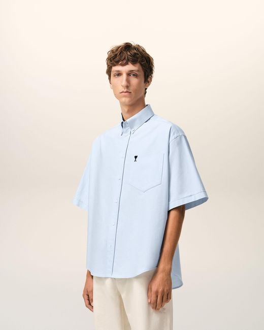 AMI Blue Cotton Boxy Embroidered Ami De Coeur for men