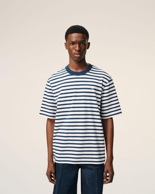 AMI Blue Cotton Boxy Fit Mariniere Ami De Coeur T-Shirt
