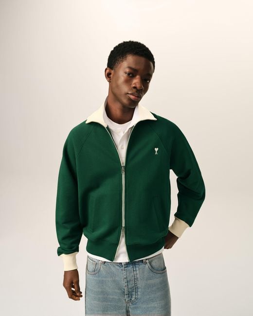 AMI Green Zipped Cotton Sweatshirt With Ami De Coeur