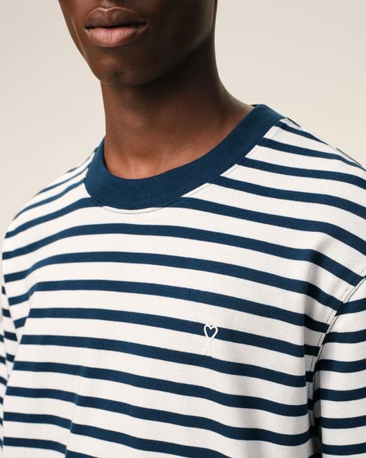 AMI Blue Cotton Boxy Fit Mariniere Ami De Coeur T-Shirt