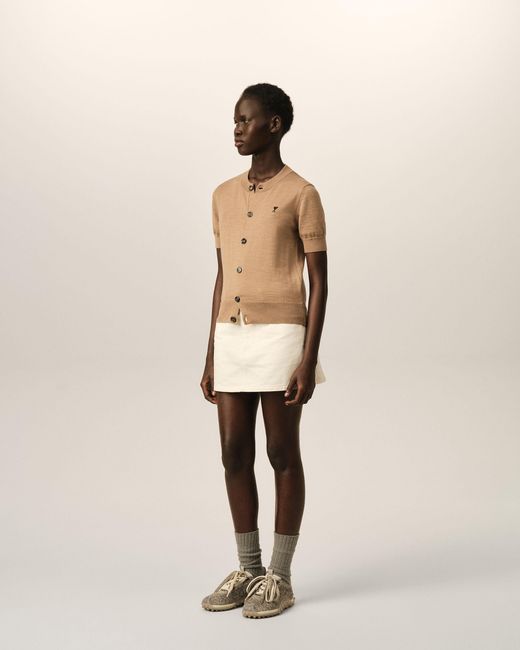 AMI Natural Wool Short-Sleeve Cardigan With Ami De Coeur
