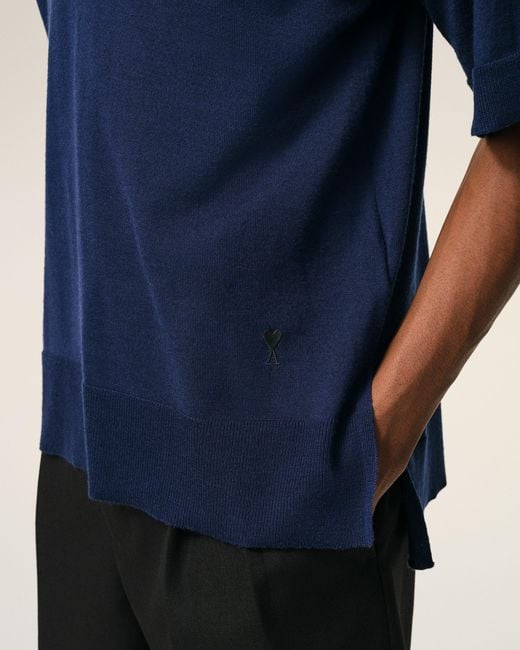 AMI Blue Thin Wool Short Sleeves Ami De Coeur Polo