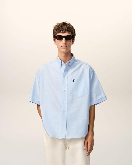 AMI Blue Cotton Boxy Embroidered Ami De Coeur for men