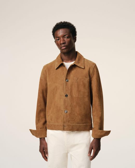 AMI Brown Goat Leather Ami De Coeur Buttoned Jacket for men