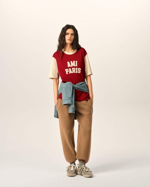 AMI Red Cotton T-Shirt With Embroidery