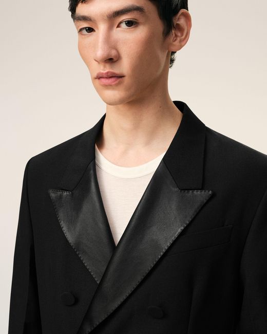 AMI Black New Wool Double Breasted Straight Smocking Jacket for men