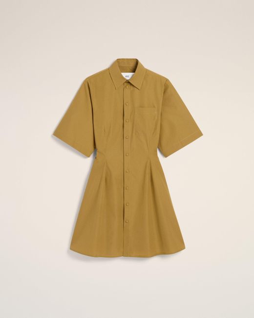 AMI Natural Mustard Cotton Short Sleeve Shirt Dress