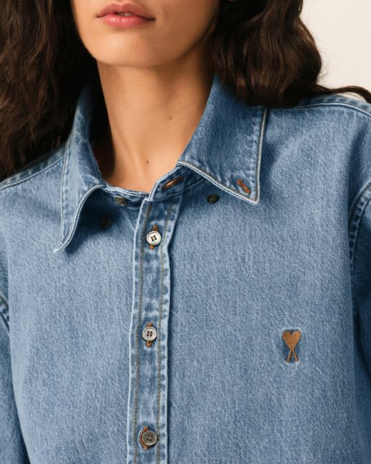 AMI Blue Denim Cotton Ami De Coeur Shirt