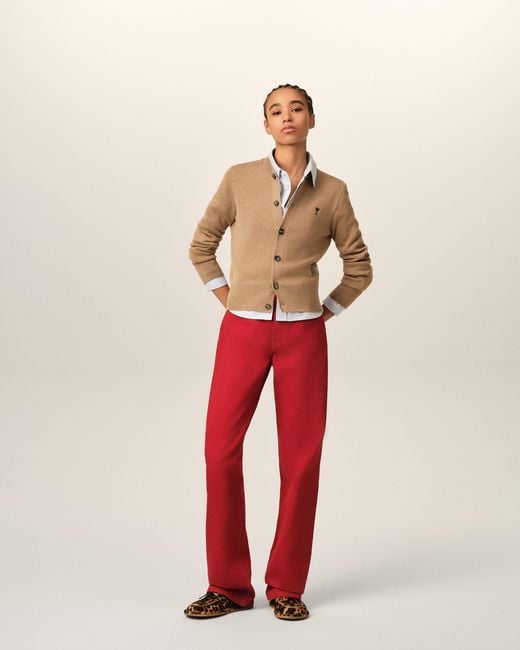 AMI Natural Crewneck Wool Cardigan With Ami De Coeur