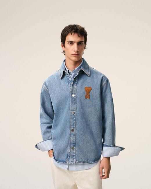 AMI Blue Worn Effect Cotton Jacket With Snap Buttons For