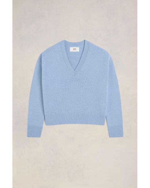 AMI Blue Cropped V Neck Sweater for men