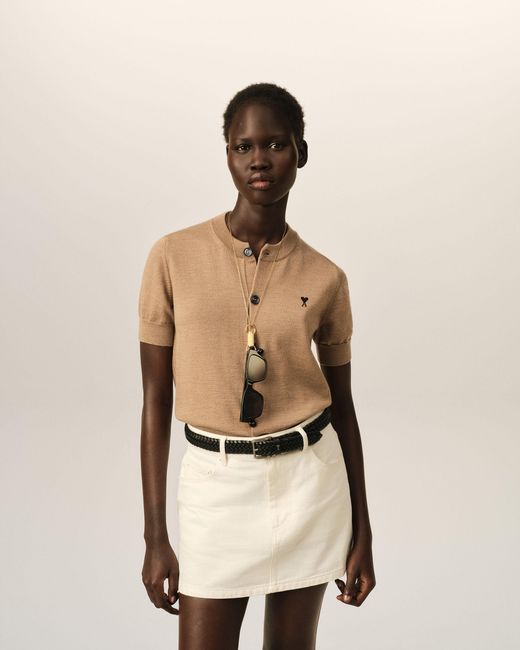 AMI Natural Wool Short-Sleeve Cardigan With Ami De Coeur