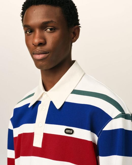 AMI Blue Striped Cotton Polo With Ami Patch