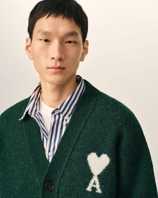 AMI Green Alpaca Cardigan With Ami De Coeur