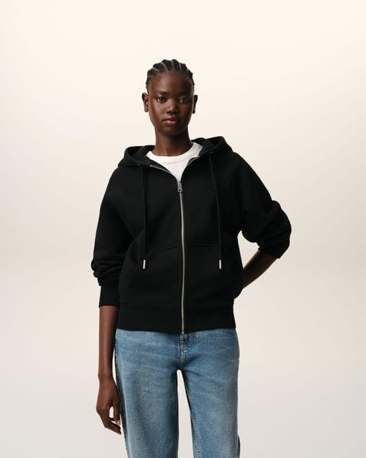 AMI Black Zipped Cotton Hoodie With Embossed Ami De Coeur