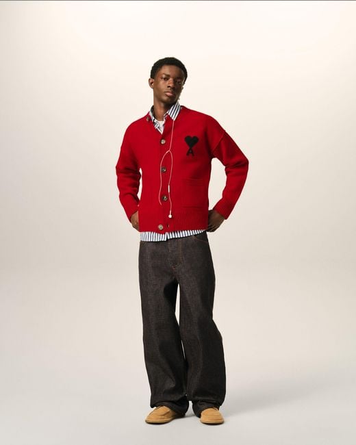 AMI Red Crewneck Wool Cardigan With Ami De Coeur