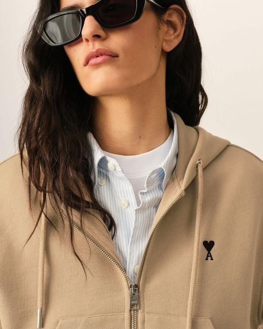 AMI Natural Zipped Cotton Hoodie With Ami De Coeur