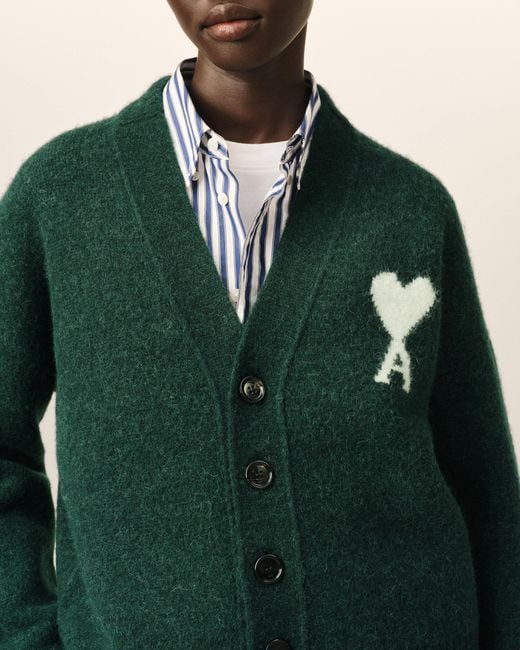 AMI Green Alpaca Cardigan With Ami De Coeur