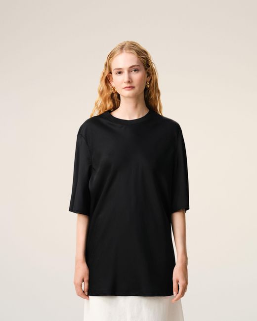 AMI Black Satin Short Sleeves Rib Detail T-Shirt