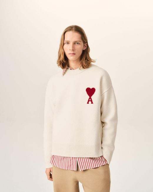 AMI Natural Crewneck Wool Sweater With Ami De Coeur