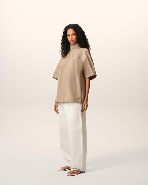 AMI Natural Cotton Stand Up Collar Buttoned Top