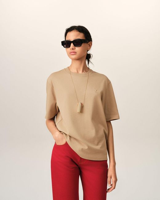 AMI Natural Cotton T-Shirt With Embossed Ami De Coeur