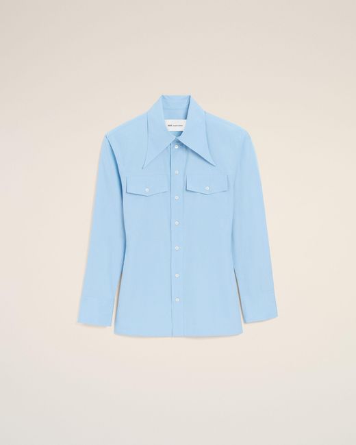 AMI Blue Cotton Sharp Collar Fitted Shirt