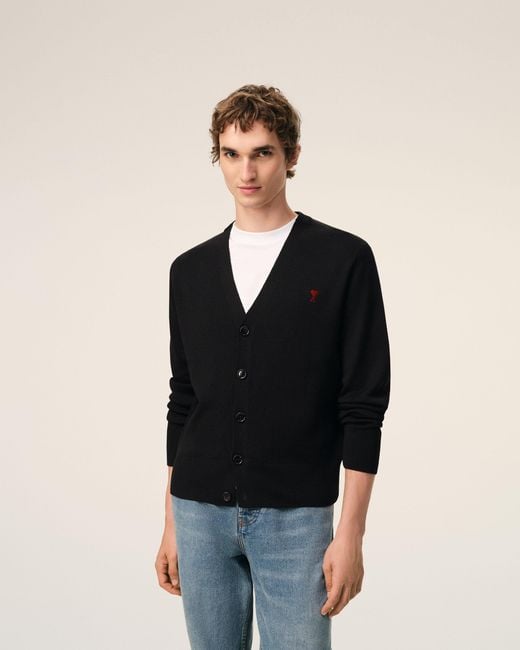 AMI Black Wool Cardigan With Contrasted Ami De Coeur for men