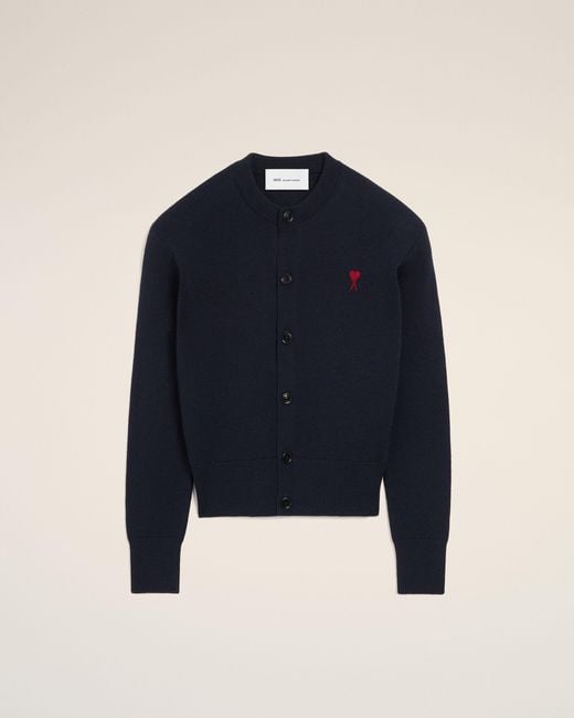 AMI Blue Crewneck Wool Cardigan With Ami De Coeur