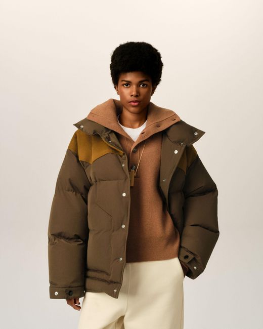 AMI Brown Nylon And Cotton Down Jacket With Leather Panels