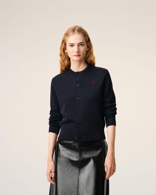 AMI Blue Wool Crewneck Cardigan With Contrasted Ami De Coeur