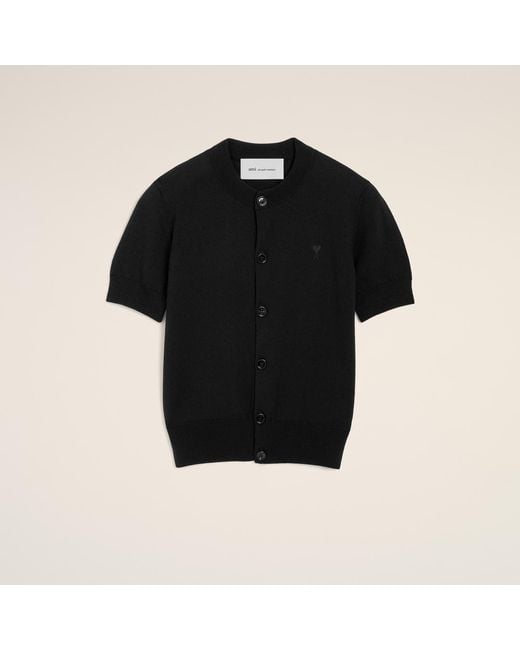 AMI Black Wool Short-Sleeve Cardigan With Ami De Coeur