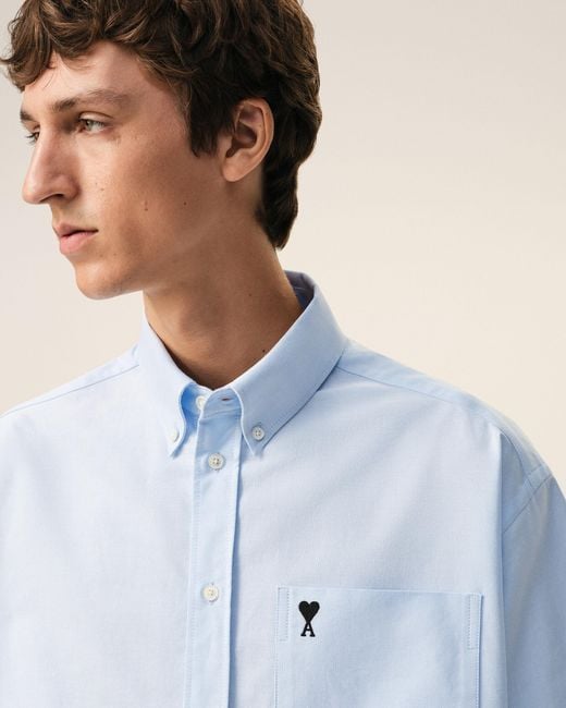 AMI Blue Cotton Boxy Embroidered Ami De Coeur for men