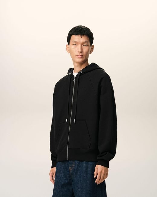 AMI Black Zipped Cotton Hoodie With Embossed Ami De Coeur