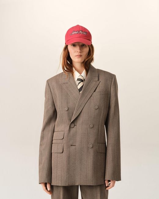 AMI Natural Double Breasted Striped Wool Blazer