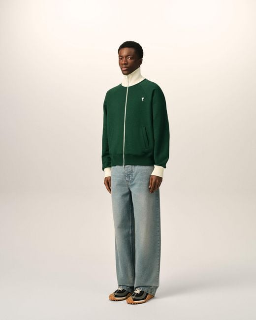 AMI Green Zipped Cotton Sweatshirt With Ami De Coeur