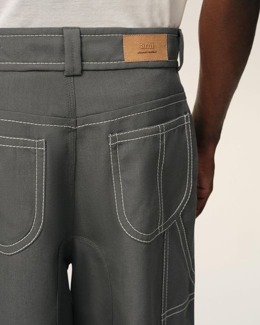 AMI Gray Contrast-Topstitching Worker Trousers for men