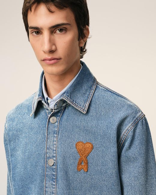 AMI Blue Worn Effect Cotton Jacket With Snap Buttons For