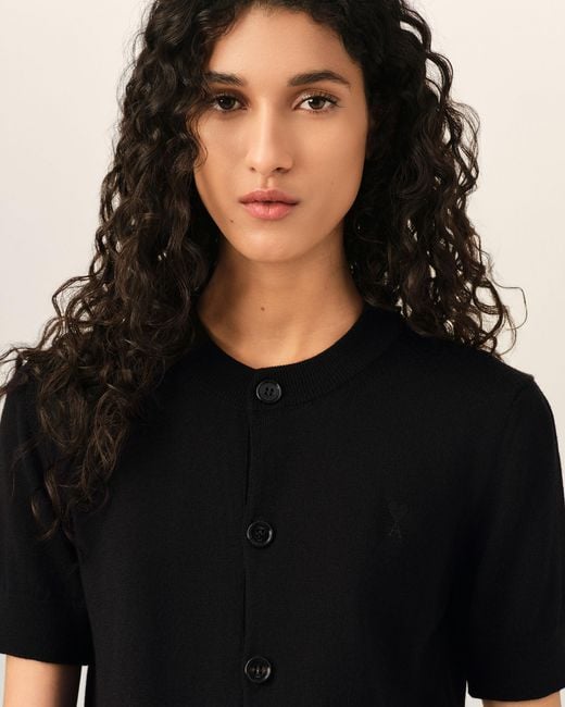 AMI Black Wool Short-Sleeve Cardigan With Ami De Coeur