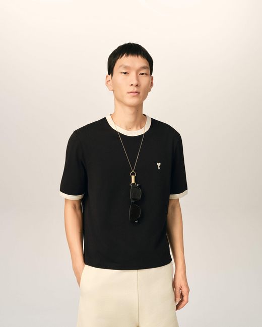 AMI Black Contrasted Cotton T-Shirt With Ami De Coeur for men