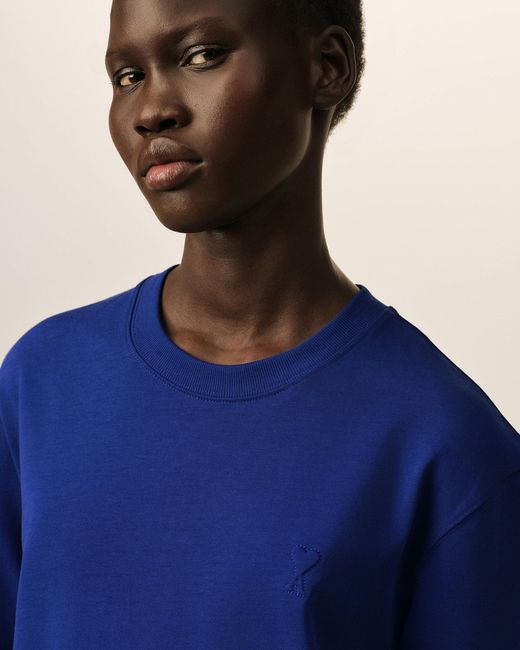 AMI Blue Cotton T-Shirt With Embossed Ami De Coeur